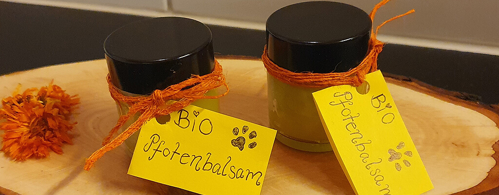 Ringelblumensalbe in Töpfchen auf Holzteller
